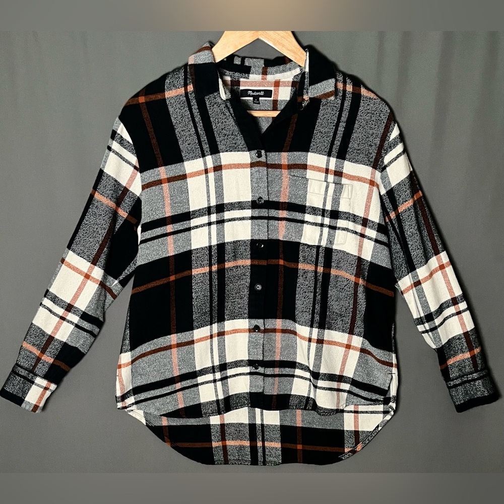 Madewell Women's S Bromley Plaid Flannel Black Tan Cotton Button Down